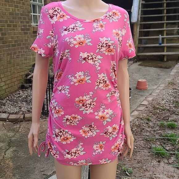 Pink Pull Tie Runched Sided Short Sleeves Floral Dress - Picture 2 of 9